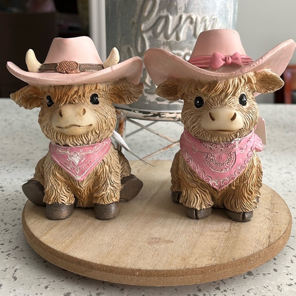 Cowboy Cow Figurines with Pink Hats